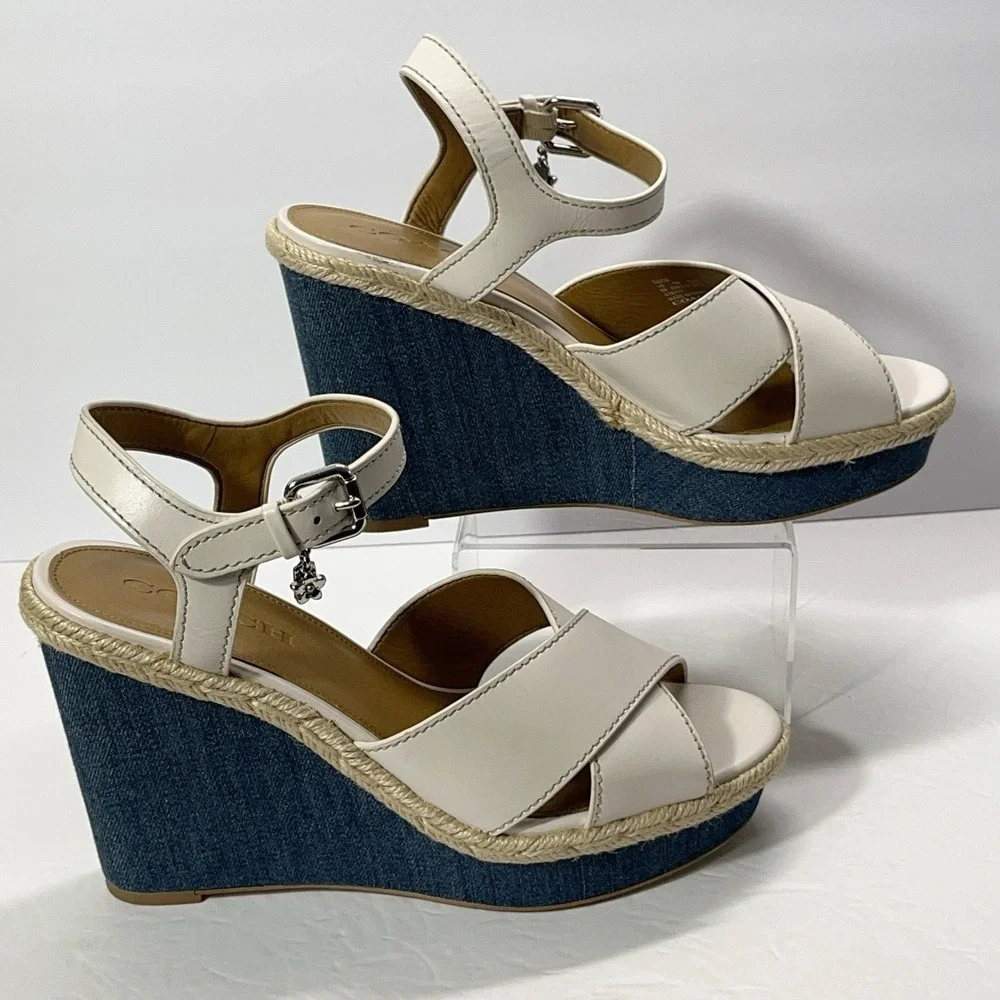 Coach Womens Eaton Chalk Ivory Leather Denim Wedge Platform Sandals Charm 9
